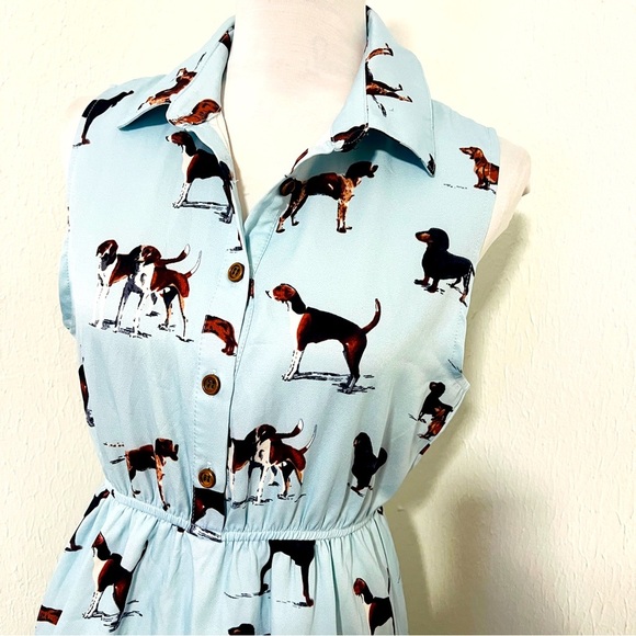 LaVielente Women’s M/L Dachshund Print Light Blue Sleeveless Mini Dress Lined - Picture 3 of 9